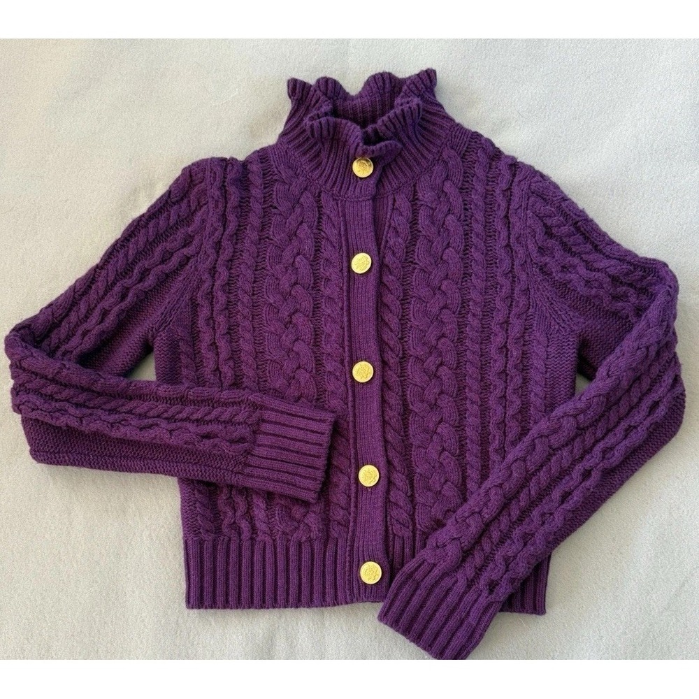 J.Crew Chunky Cable Knit Ruffleneck Cardigan Sweater Sz M Purple Gold Buttons
